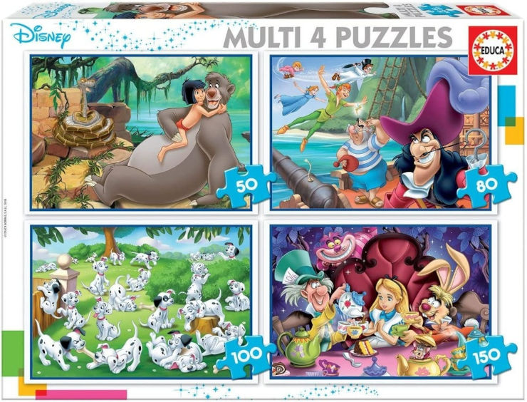 מארז 4 פאזלים עם מספר חלקים שונה בעיצוב סרטי דיסני