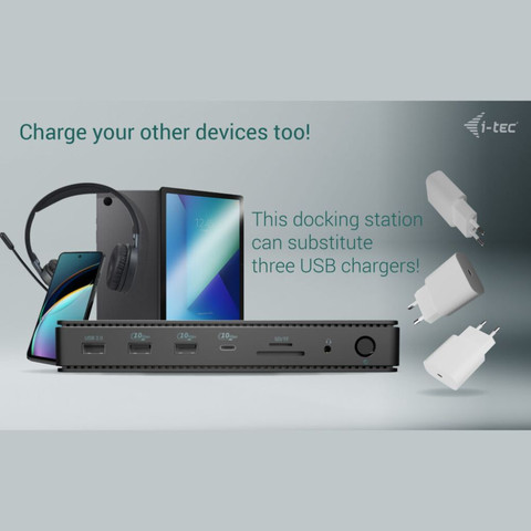 תחנת עגינה מקצועית Thunderbolt 4 עם תמיכה ב-2 מסכים 4K וטעינה 96W מבית i-tec שחור