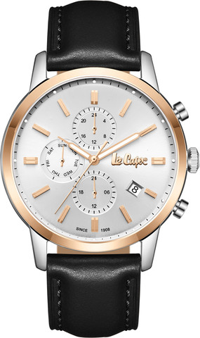 שעון גברים Lee Cooper London LC08085.531 כסף ורוז גולד עם רצועת עור שחורה Multi Function