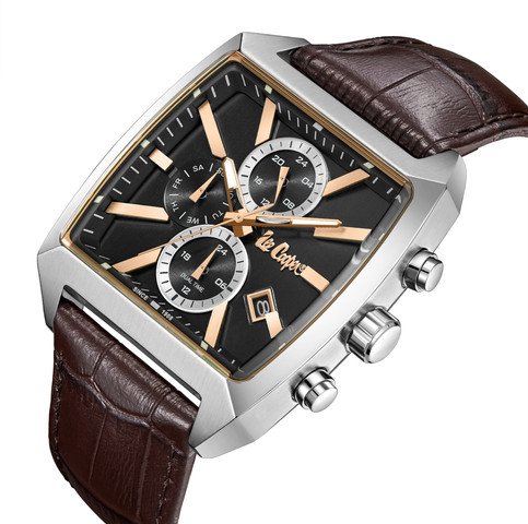 שעון גברים Lee Cooper London LC08180.362 מרובע כסף עם לוח שחור ורצועת עור חומה Multi Function