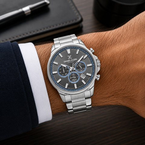 שעון גבר Daniel Klein Exclusive DK.6.14440-4 – כסוף עם לוח אפור ונגיעות כחולות