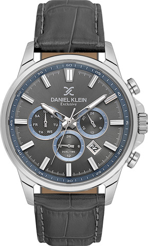 שעון גבר Daniel Klein Exclusive DK.6.14441-4 – כסף עם רצועת עור אפורה ונגיעות כחולות