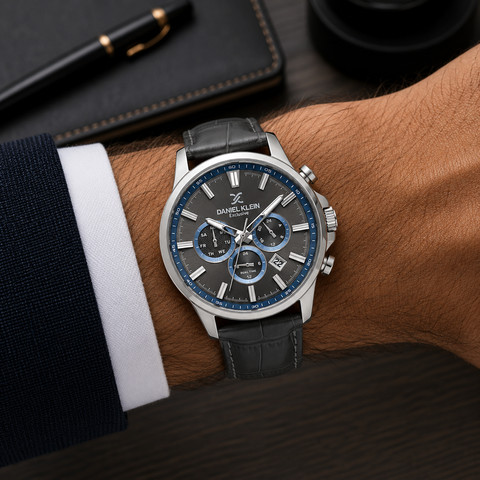 שעון גבר Daniel Klein Exclusive DK.6.14441-4 – כסף עם רצועת עור אפורה ונגיעות כחולות