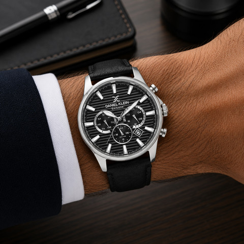 שעון גבר Daniel Klein Exclusive DK.6.14444-2 – כסף עם לוח שחור ורצועת עור שחורה