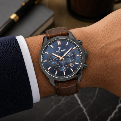 שעון גבר Daniel Klein Exclusive DK.1.14344-6 – כחול עם גוף שחור ורצועת עור חומה