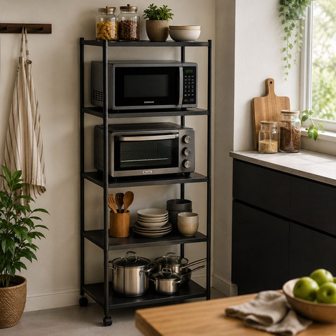 כוננית מתכת 5 מדפים על גלגלים 80×40×160 ס״מ – מדף אחסון רחב לבית ולעסק