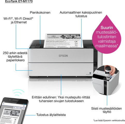 מדפסת בקבוקוני דיו עסקית אלחוטית - שחור לבן Epson אפסון EcoTank M1170