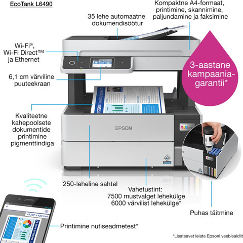 מדפסת אלחוטית משולבת Epson אפסון EcoTank L6490