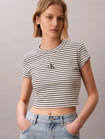 חולצת טישירט קצרה קלווין קליין Slim Ribbed Stripe נשים - קלווין קליין - MultiColor