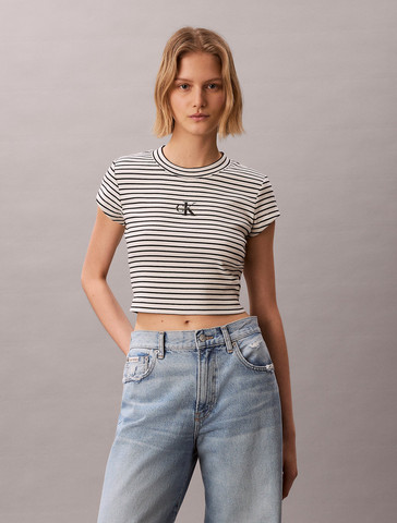 חולצת טישירט קצרה קלווין קליין Slim Ribbed Stripe נשים - קלווין קליין - MultiColor