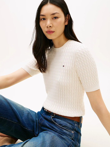 חולצת טישירט קצרה טומי הילפיגר Cable Knit Short Sleeve Jumper נשים