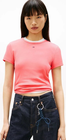 חולצת טישירט קצרה טומי הילפיגר Essential Slim Rib-Knit נשים - טומי הילפיגר - Pink