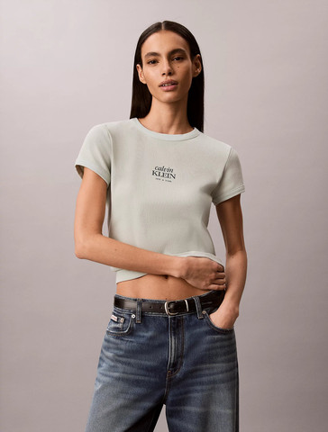 חולצת טישירט קצרה קלווין קליין Slim Ribbed Cotton Logo נשים - קלווין קליין - Grey