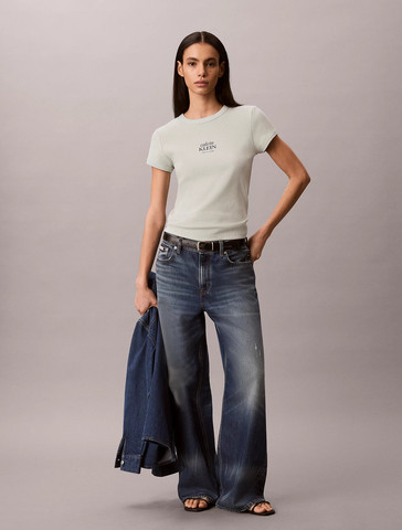 חולצת טישירט קצרה קלווין קליין Slim Ribbed Cotton Logo נשים - קלווין קליין - Grey