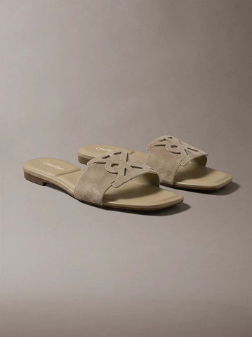 כפכפי קלווין קליין Square Flat Sndl Embl Suede נשים - קלווין קליין - Brown