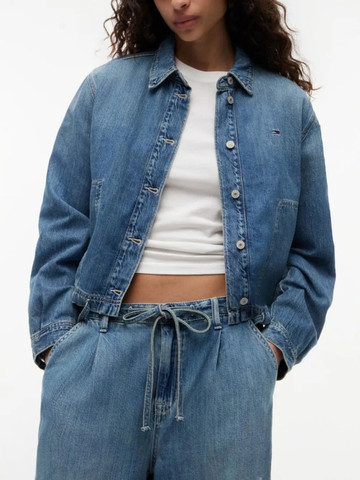 גינס טומי הילפיגר Drawstring Loose Wide Leg Jeans With Linen נשים - טומי הילפיגר - Blue