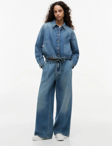 גינס טומי הילפיגר Drawstring Loose Wide Leg Jeans With Linen נשים - טומי הילפיגר - Blue