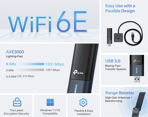 מתאם רשת אלחוטי TP-Link AXE3000 WiFi 6E Archer TXE50UH USB