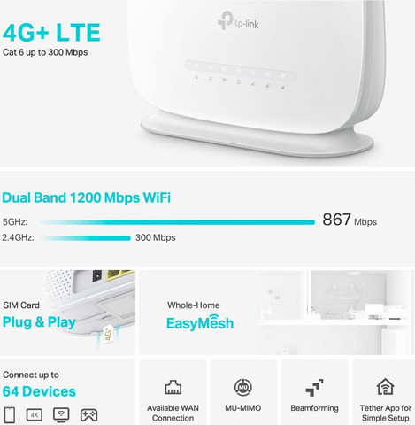 ראוטר אלחוטי סלולרי TP-Link Archer MR505 4G+ AC1200 Dual Band