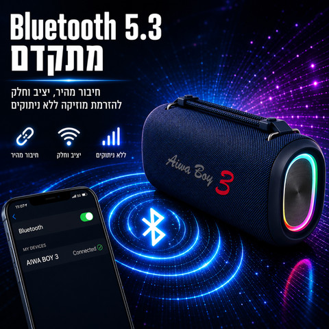רמקול 5.3BT נייד IP65 עוצמתי 95W, חיבור USB, כחול דגם AW-BB18-BLUE