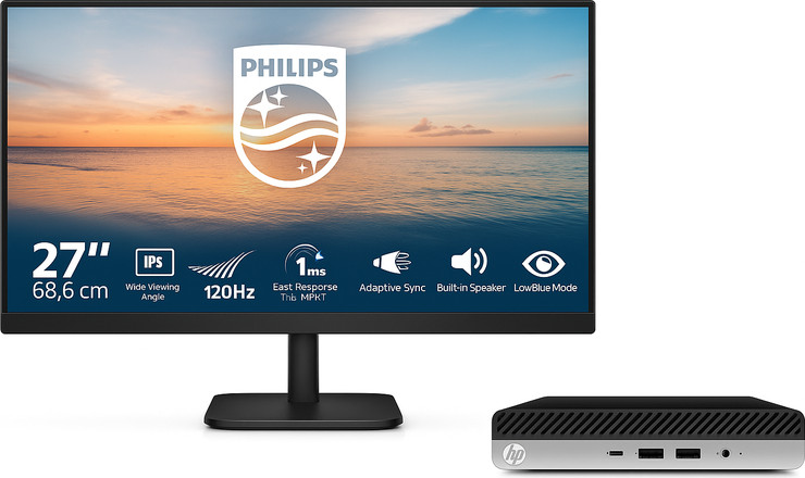 ערכת מחשב משולב עם מסך Philips 27" + מחשב HP 800 G3 Mini i5-6th זיכרון 16GB דיסק 240GB SSD מערכת הפעלה Windows 10 Pro כולל מקלדת ועכבר אלחוטיים - מסך - חדש, מחשב - מוחדש