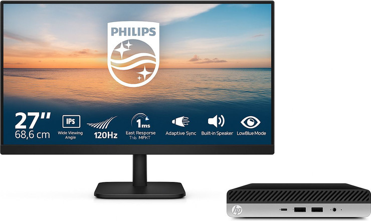 ערכת מחשב משולב עם מסך Philips 27" + מחשב HP 800 G9 Mini i5-13th זיכרון 16GB דיסק 256GB SSD מערכת הפעלה Windows 11 Pro כולל מקלדת ועכבר אלחוטיים - מסך - חדש, מחשב - מוחדש