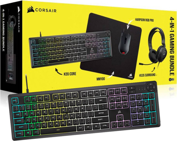 בנדל אביזרי גיימינג CORSAIR 4 in 1: מקלדת K55 CORE RGB + עכבר HARPOON Pro RGB + אוזניות HS35 V2 + משטח לעכבר MM100 Cloth