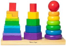 melissa and doug שלושה מגדלי בניה והשחלה צבעוניים צורות גיאומטריות מעץ מלא 21 חלקים