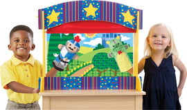 melissa and doug מתקן תאטרון בובות שולחני מעץ עם מסך ורקע דו-צדדי