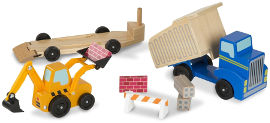 melissa and doug סט משאית אשפה, נגרר ושופל עם 4 חלקי בניה