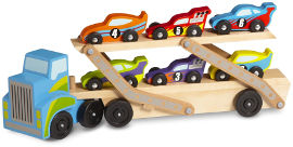 melissa and doug מוביל מכוניות מרוץ ענק עם 6 מכוניות מעץ