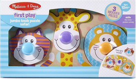melissa and doug פאזל 3 חלקים מעץ עם כפתורי אחיזה חיות הספארי - Melissa and Doug