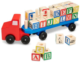 melissa and doug משאית עץ עם נגרר וקוביות להשחלה ללימוד אותיות באנגלית 29 חלקים