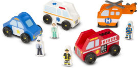 melissa and doug סט רכבי הצלה מעץ עם דמויות