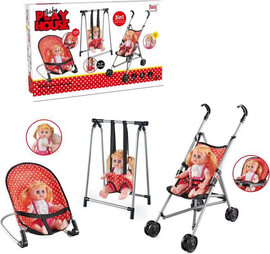 Aya Baby סט לבובה – 4 ב 1 עגלה, טרמפולינה, נדנדה וכיסא