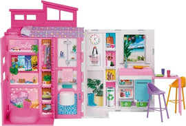 Barbie בית בובות מתקפל ברבי עם 4 אזורי משחק ו 11 אביזרים