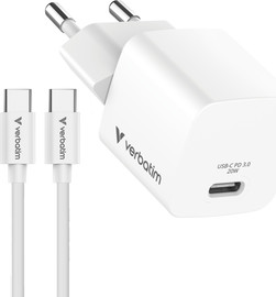 ASUS מטען קיר קומפקטי Verbatim Mini GaN 20W USB-C כולל כבל Type-C באורך 1 מטר