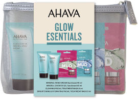AHAVA GLOW ESENTIALS קיט קרם ידיים + ג'ל רחצה + מסכת ניקוי + מסכת לחות