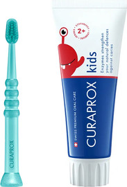 Curaprox סט קורפרוקס להתחלת שגרת צחצוח בריאה כבר מהשן הראשונה - מברשת שיניים לתינוקות + משחת שיניים לילדים בטעם תות (2+) Baby Toothbrush