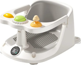 BABY Queenix מושב אמבטיה נפתח לתינוק עם מד טמפרטורה דיגיטלי וצעצועי משחק - אפור
