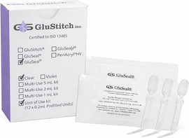 GluStitch דבק, תחבושת נוזלית דביקה לרקמות וגירויים קלים, עוצרת דימום קל, כוויות וחתכים קלים בעור 0.2מ"ל פיפטות 12יח GLUSEAL
