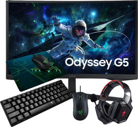 SAMSUNG באנדל גיימינג מסך קעור Samsung Odyssey G5 27" QHD 165Hz + מקלדת אלחוטית RGB + אוזניות גיימינג Over-Ear + עכבר Razer ארגונומי + משטח Razer מקצועי