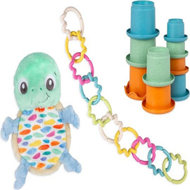 PlayGro מארז צעצועים אקולוגיים לתינוק - בובת צב, מגדל כוסות וטבעות משחק