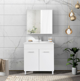 Tudo Design ארון אמבטיה עומד 80 ס"מ עם כיור חרס ומראה דגם לוטוס Lotus