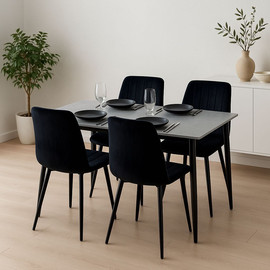 Tudo Design פינת אוכל יוקרתית מקרמיקה אפורה 120/70 ס"מ + 4 כיסאות אוכל מרופדים בגוון שחור דגם אורלנדו-ריברה