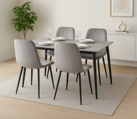 Tudo Design פינת אוכל מקרמיקה אפורה 120/70 ס"מ + 4 כיסאות אוכל מרופדים בגוון אפור בהיר דגם אורלנדו -ריברה
