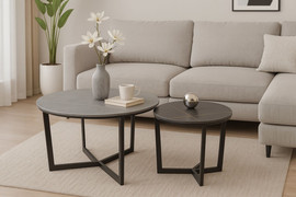 Tudo Design זוג שולחנות סלון עגולים עם פלטה קרמיקה ורגלי מתכת שחורות דגם ארונה