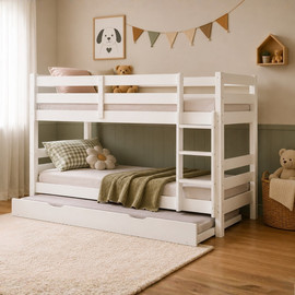 Tudo Design מיטת קומותיים מעץ מלא בגוון לבן עם מיטת חבר נשלפת דגם ליבי טריפל