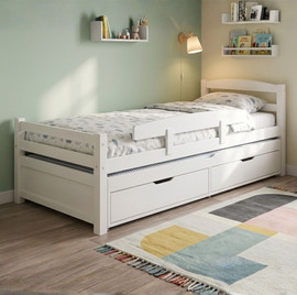 Tudo Design מיטת יחיד מעץ אורן עם מיטת חבר, 2 מגירות אחסון ומגן בטיחות דגם אליה