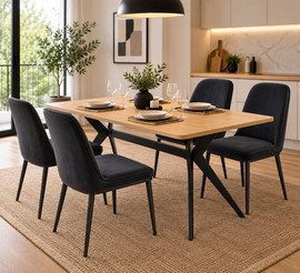 Tudo Design פינת אוכל 140X80 ס"מ פלטת MDF, כולל 4 כיסאות קטיפה בגוון שחור דגם אייקון-מונקו